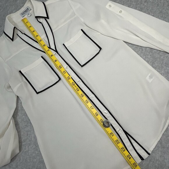 EXPRESS The Portofino Shirt Blouse XS TP Ivory Black Piping V-Neck Button Up Top - Picture 5 of 10